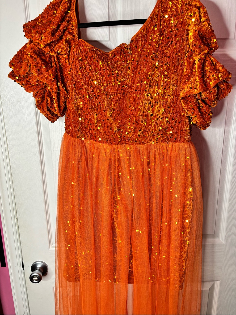 Faeriesty Plus Orange Sequin Party Dress Mesh Overlay Off Shoulder Puff Sleeve - Picture 7 of 9